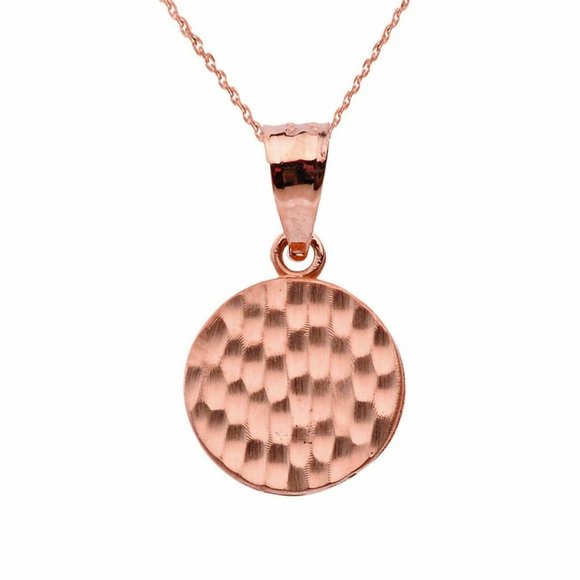 10k Rose Gold Hammered Mini Small Disk Necklace